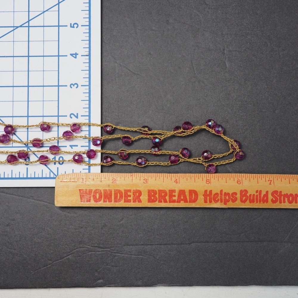 Endless Station Necklace Womens AB Purple Beaded Gold Metalic Cord Layering 64" - Picture 4 of 7